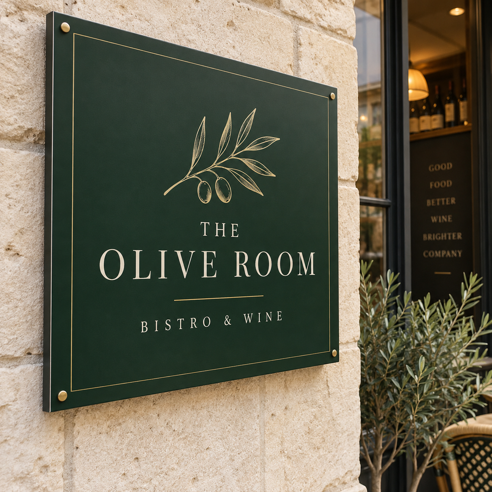 Olive green and ivory printed sign for a fictional neighbourhood bistro, mounted on a stone shopfront