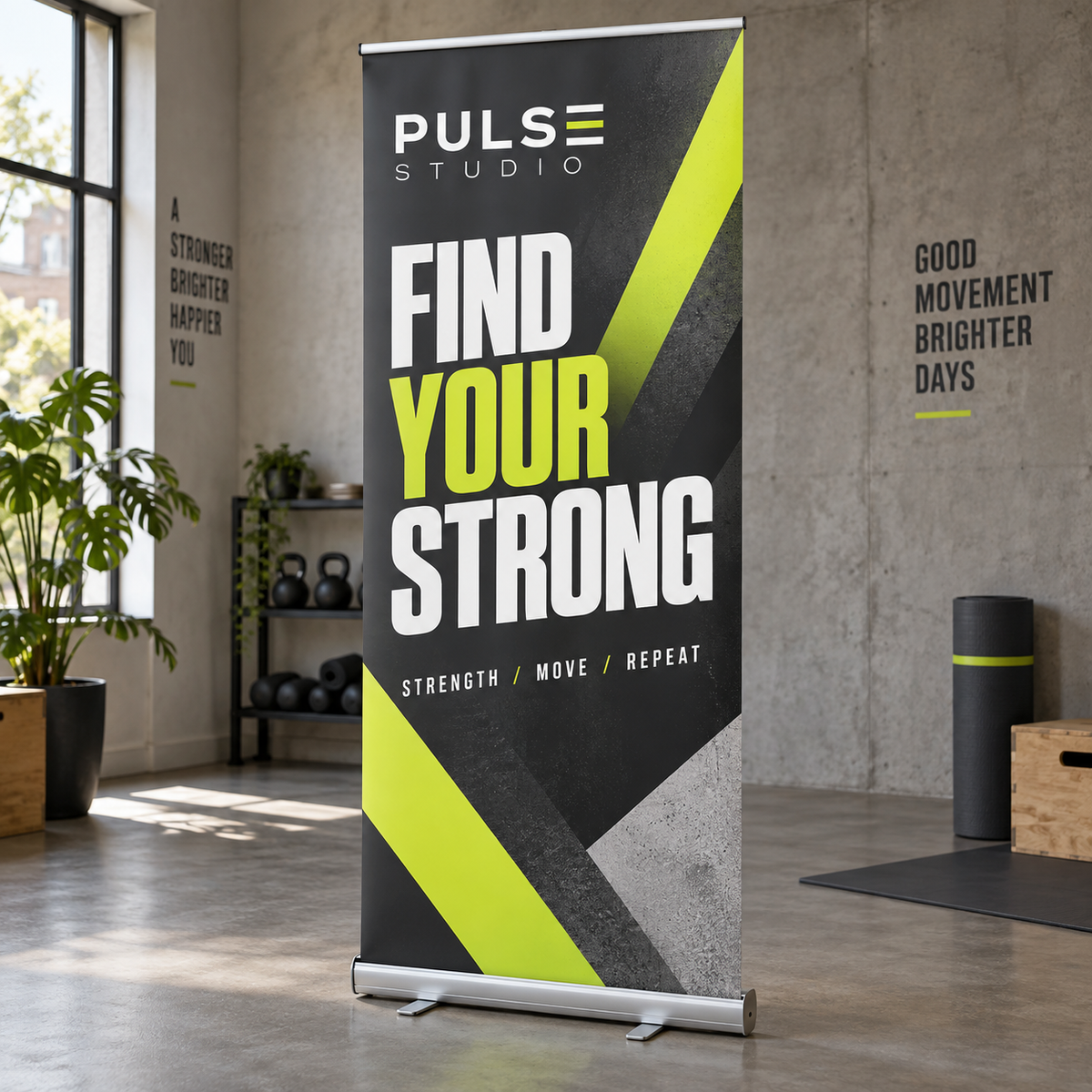 Full-height lime and charcoal Pulse Studio fitness roller banner with silver stand