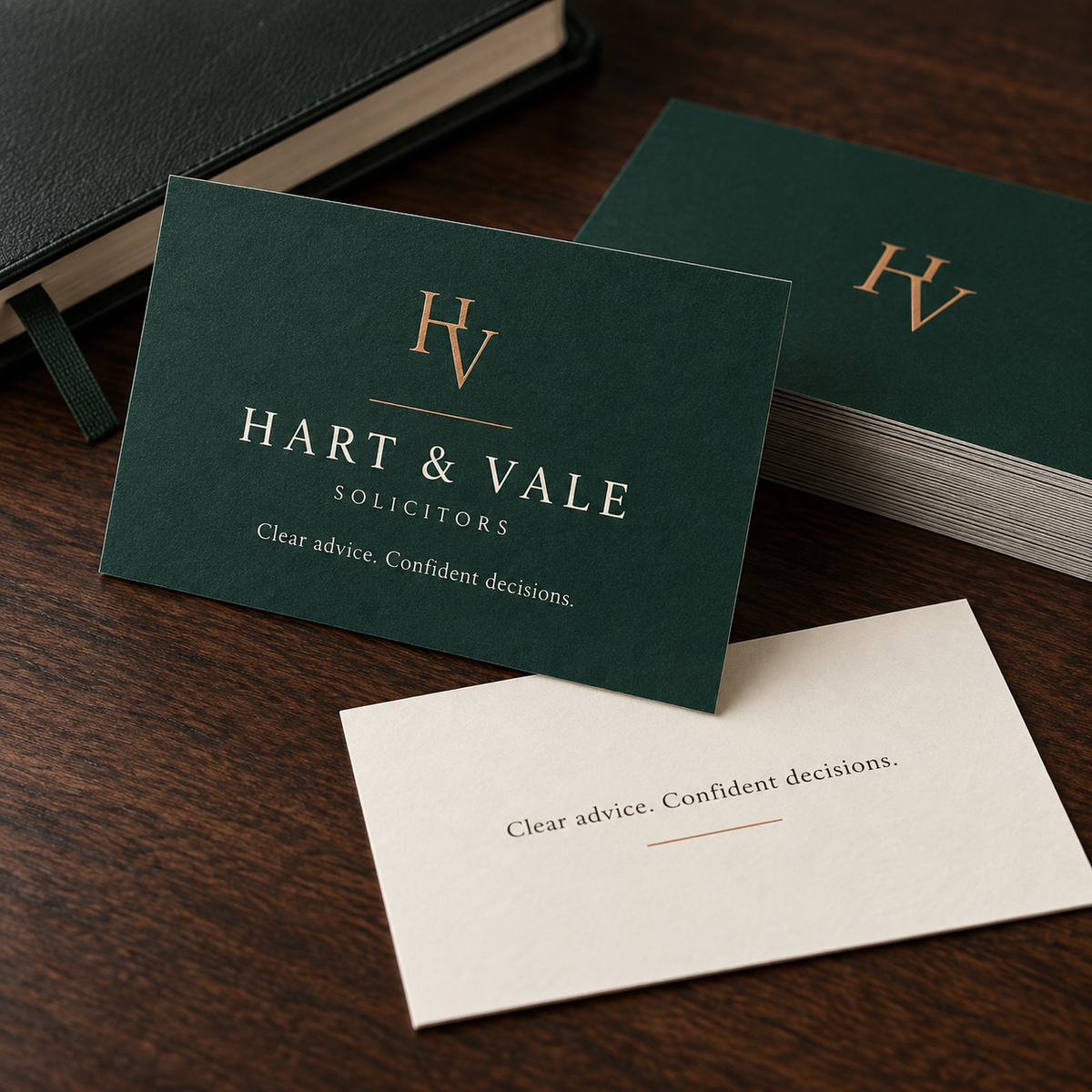 Forest-green and ivory business cards for fictional Hart & Vale Solicitors