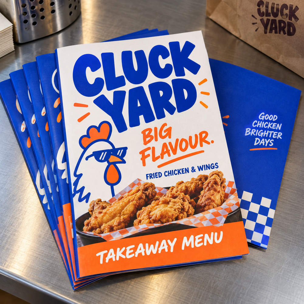 Blue and orange takeaway flyers with sample Cluck Yard chicken-shop artwork