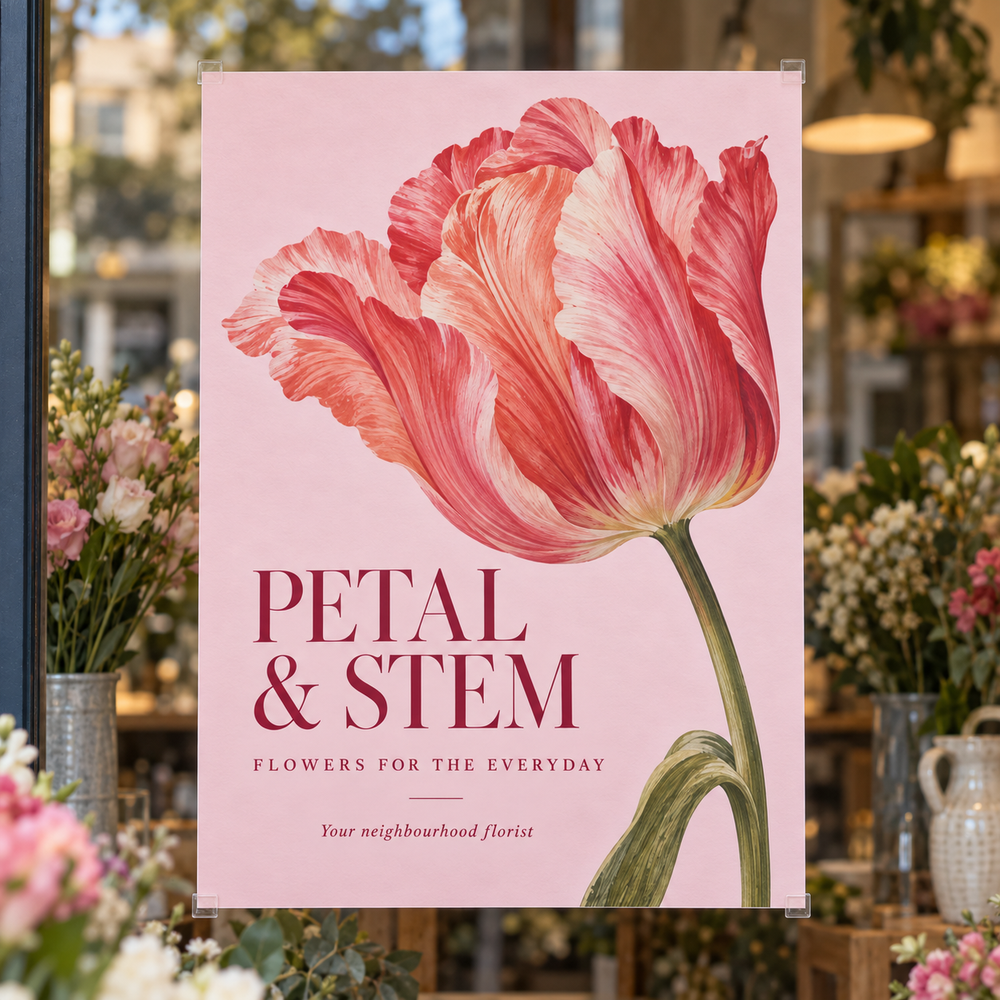 Straight-on pink Petal & Stem florist poster with tulip artwork, shown at realistic A-series proportions in a shop window