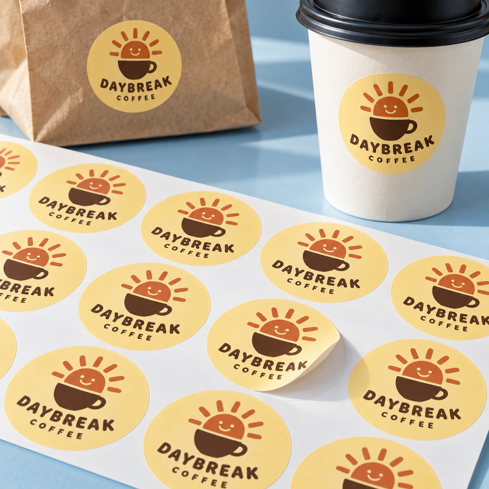 Daybreak Coffee round stickers on a sheet, cup and takeaway bag