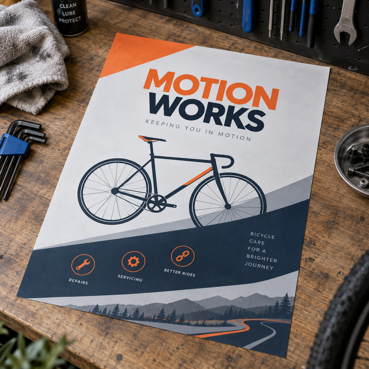 A3 Flyers & Leaflets: MOTION WORKS bicycle repair shop example artwork