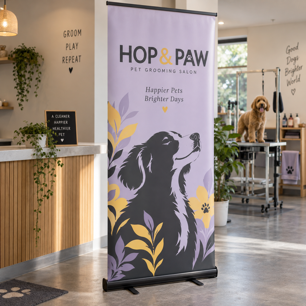 Black Roller Banners: HOP & PAW pet grooming salon example artwork