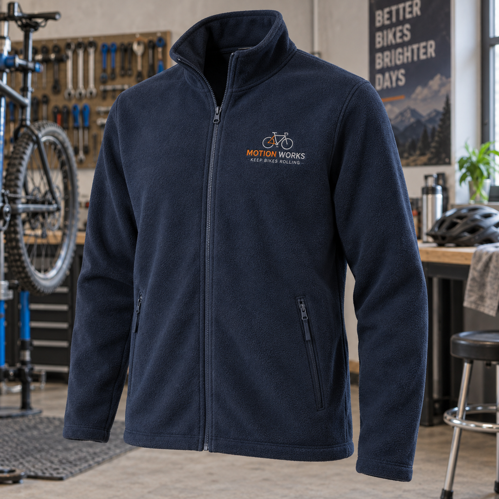 Branded Fleeces: MOTION WORKS bicycle repair shop example artwork