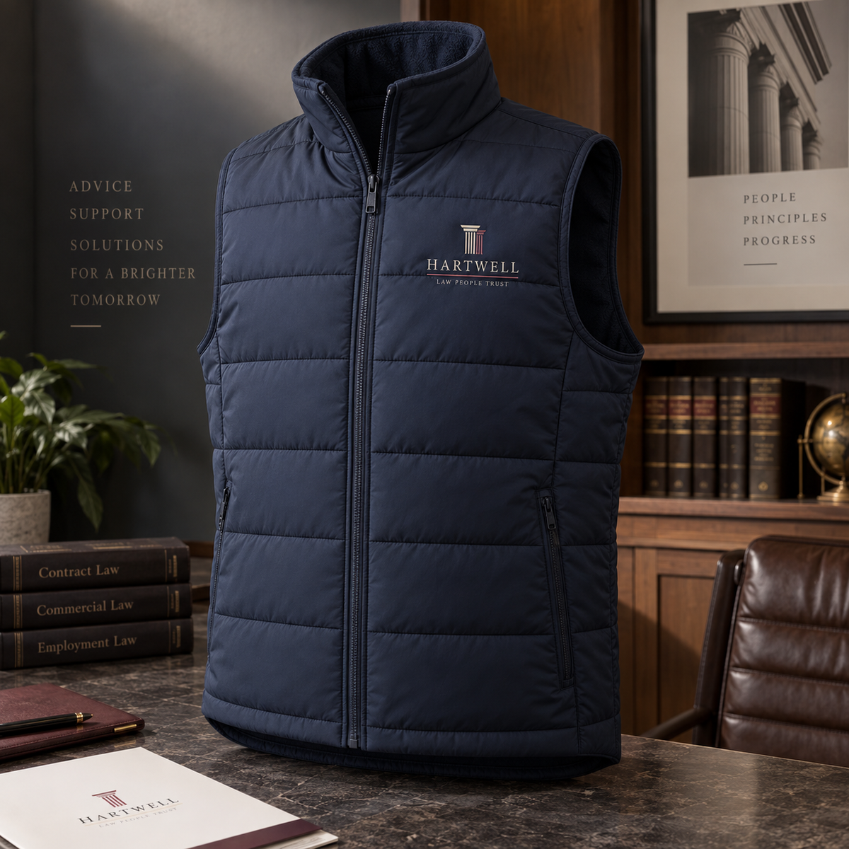 Branded Gilets: HARTWELL legal practice example artwork
