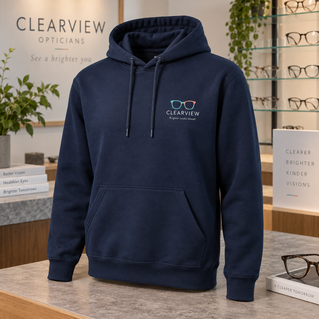 Branded Hoodies: CLEARVIEW optician example artwork