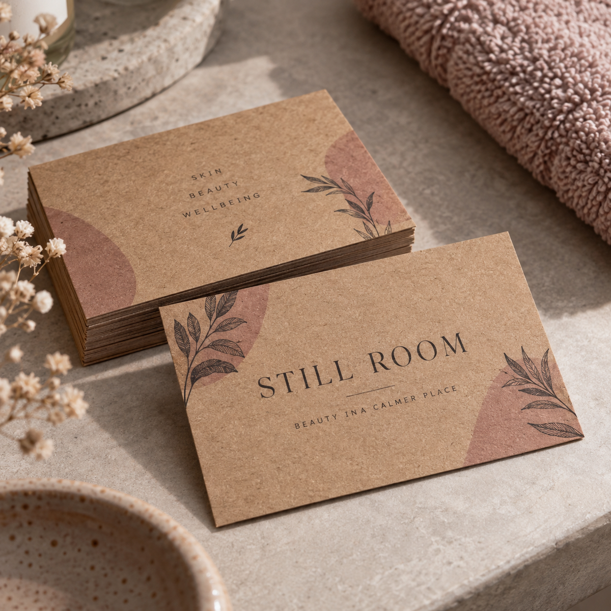 Brown Kraft Business Cards: STILL ROOM beauty salon example artwork