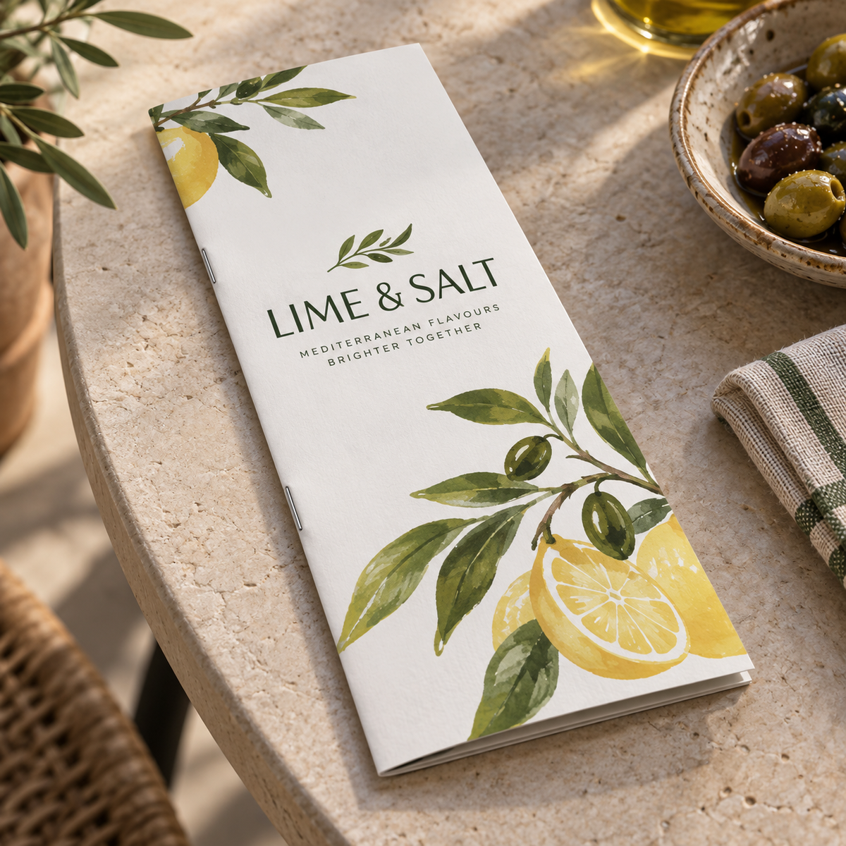 DL Stapled Brochures: LIME & SALT Mediterranean restaurant example artwork