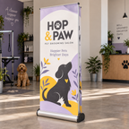 Double Sided Roller Banners: HOP & PAW pet grooming salon example artwork