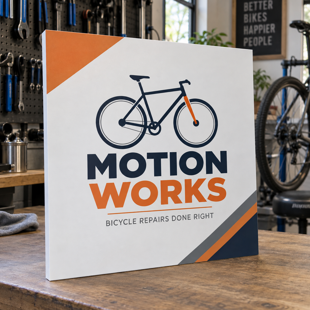 Foamex Boards: MOTION WORKS bicycle repair shop example artwork