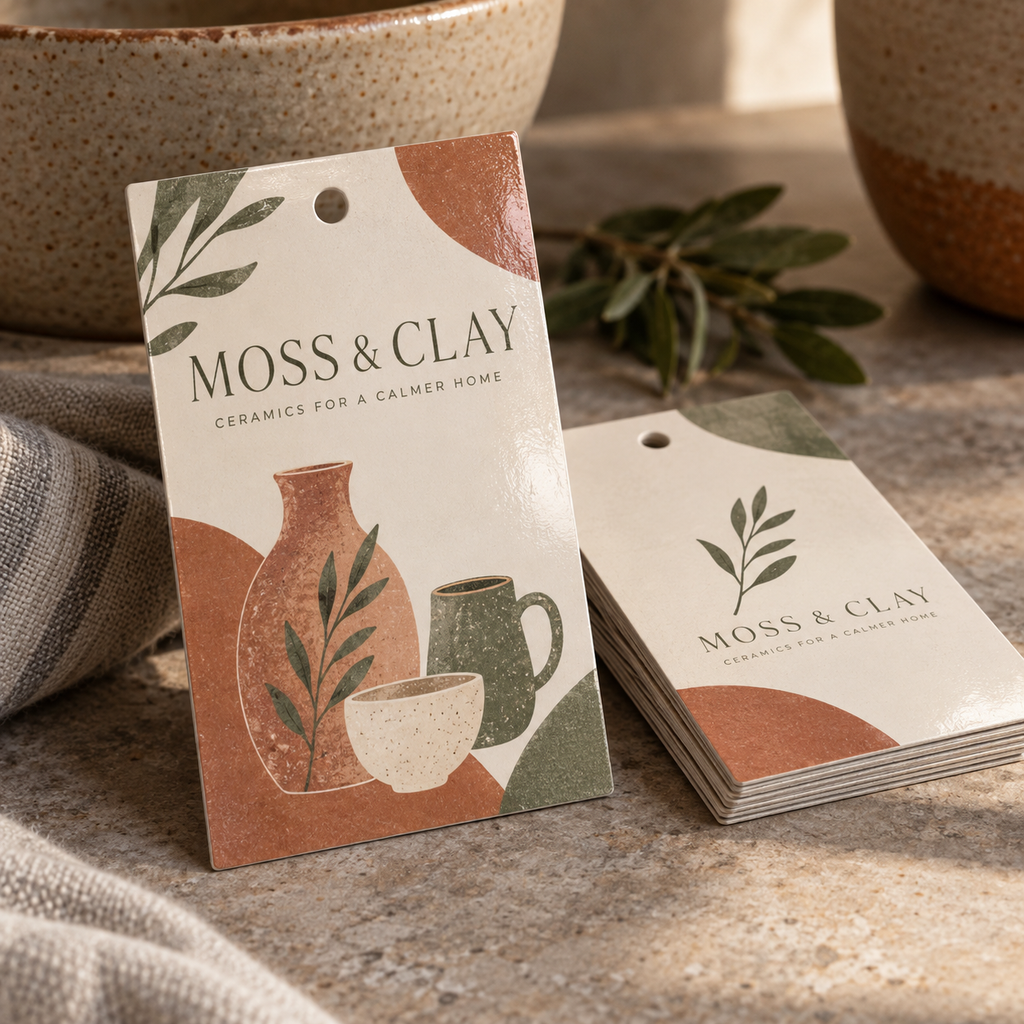 Gloss Swing Tags: MOSS & CLAY ceramics studio example artwork
