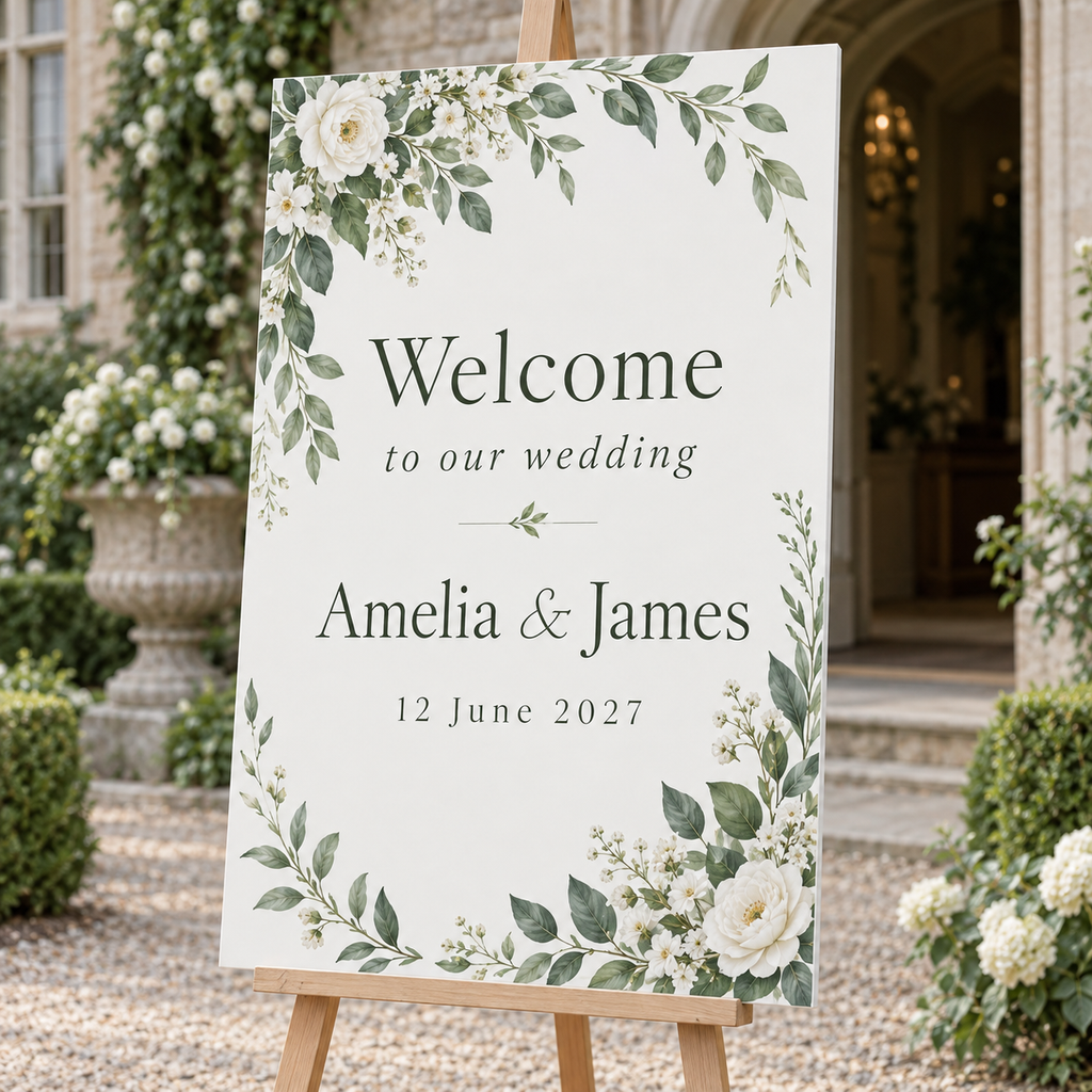 Example A1 3mm foamed PVC wedding welcome sign for Amelia and James on a wooden easel. Easel and decorations not included.