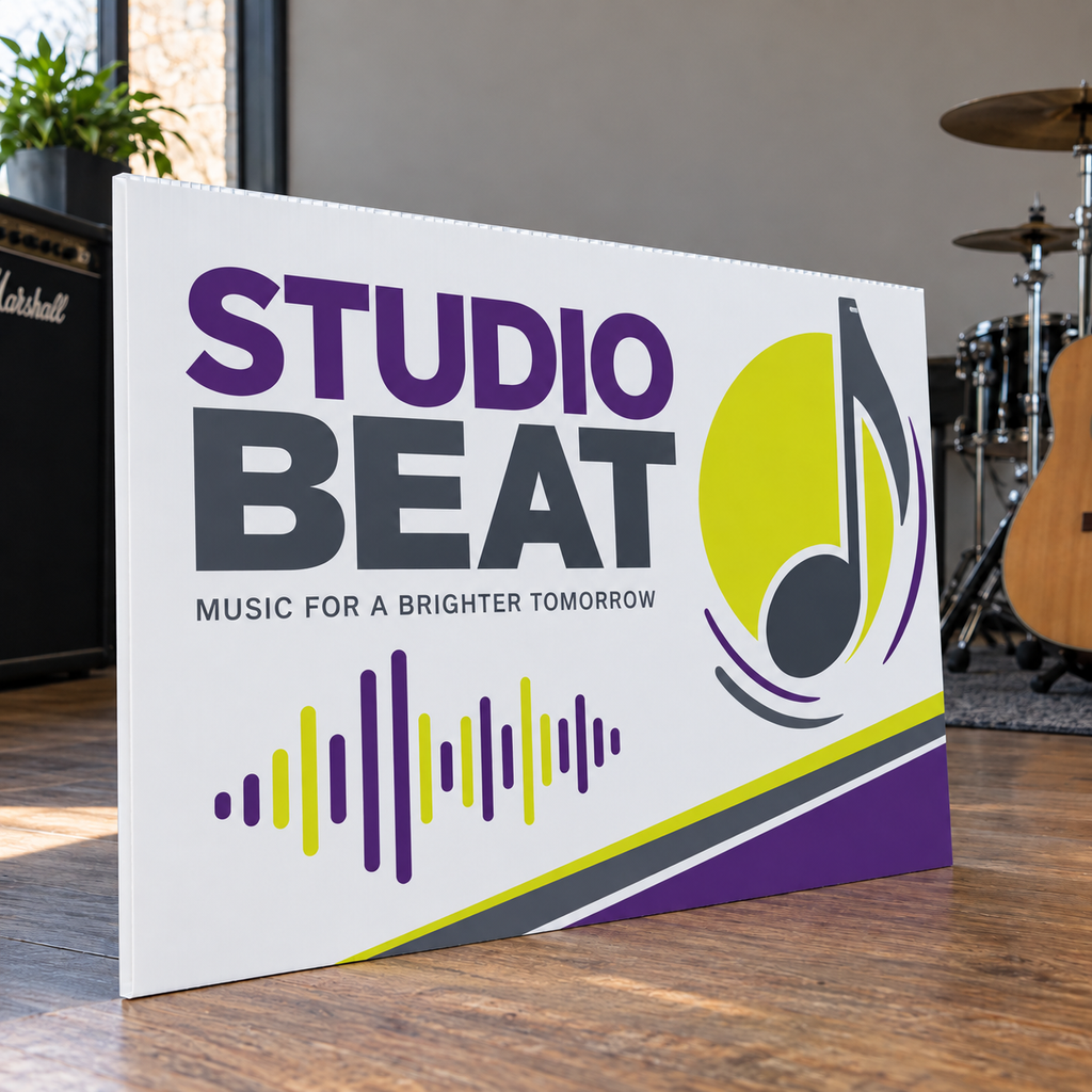 Example Correx music-school sign with a smooth printed face and vertical fluted core.