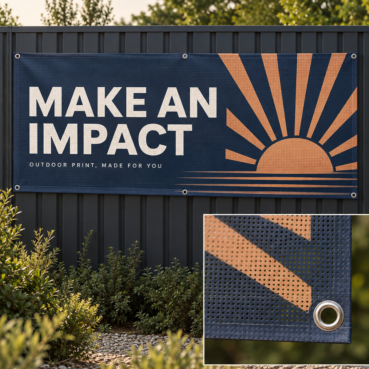 Mesh banner option with Make an Impact artwork, showing the full banner and a close-up of perforated material, reinforced edge and metal eyelet