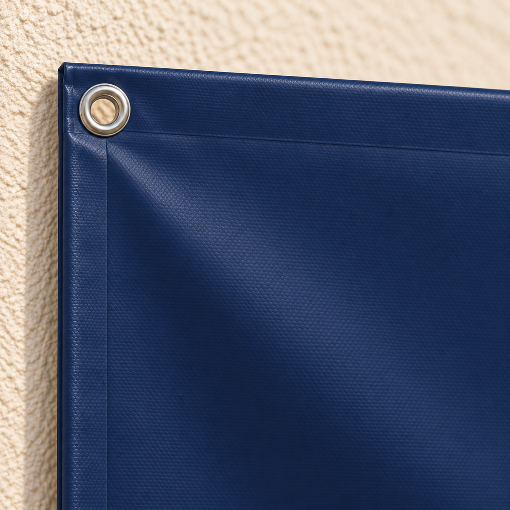 Close-up of navy PVC banner with welded reinforced edge and metal eyelet