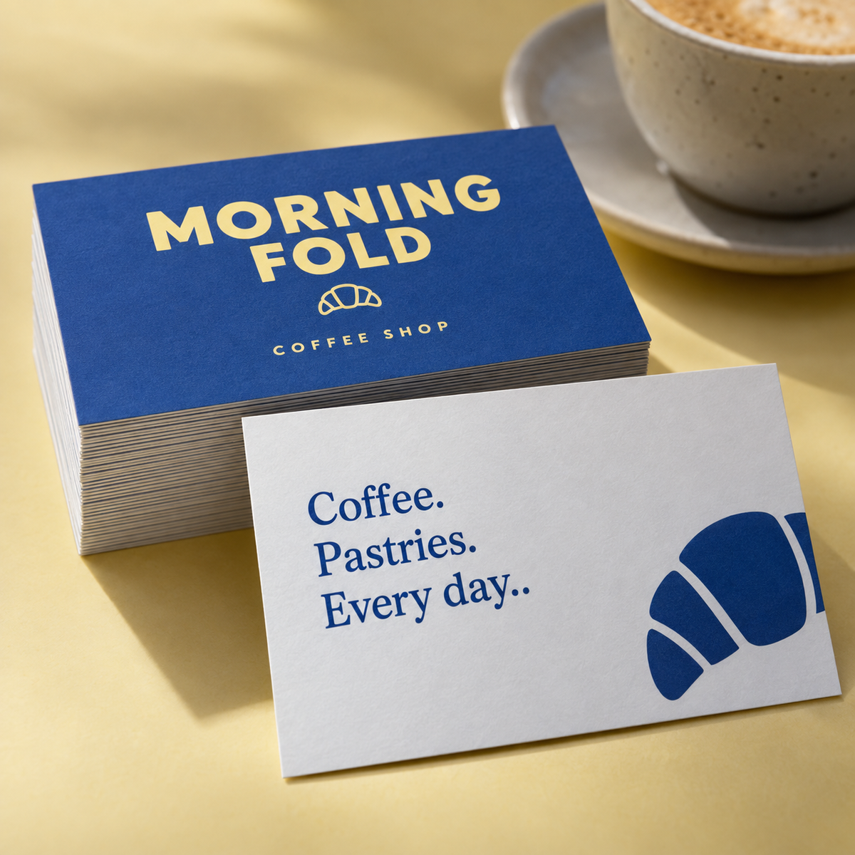 Laminated Business Cards with example artwork for a fictional coffee shop