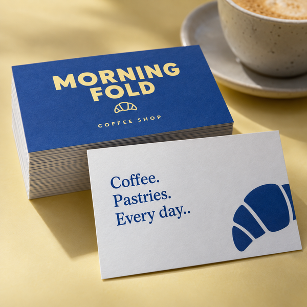 Laminated Business Cards with example artwork for a fictional coffee shop