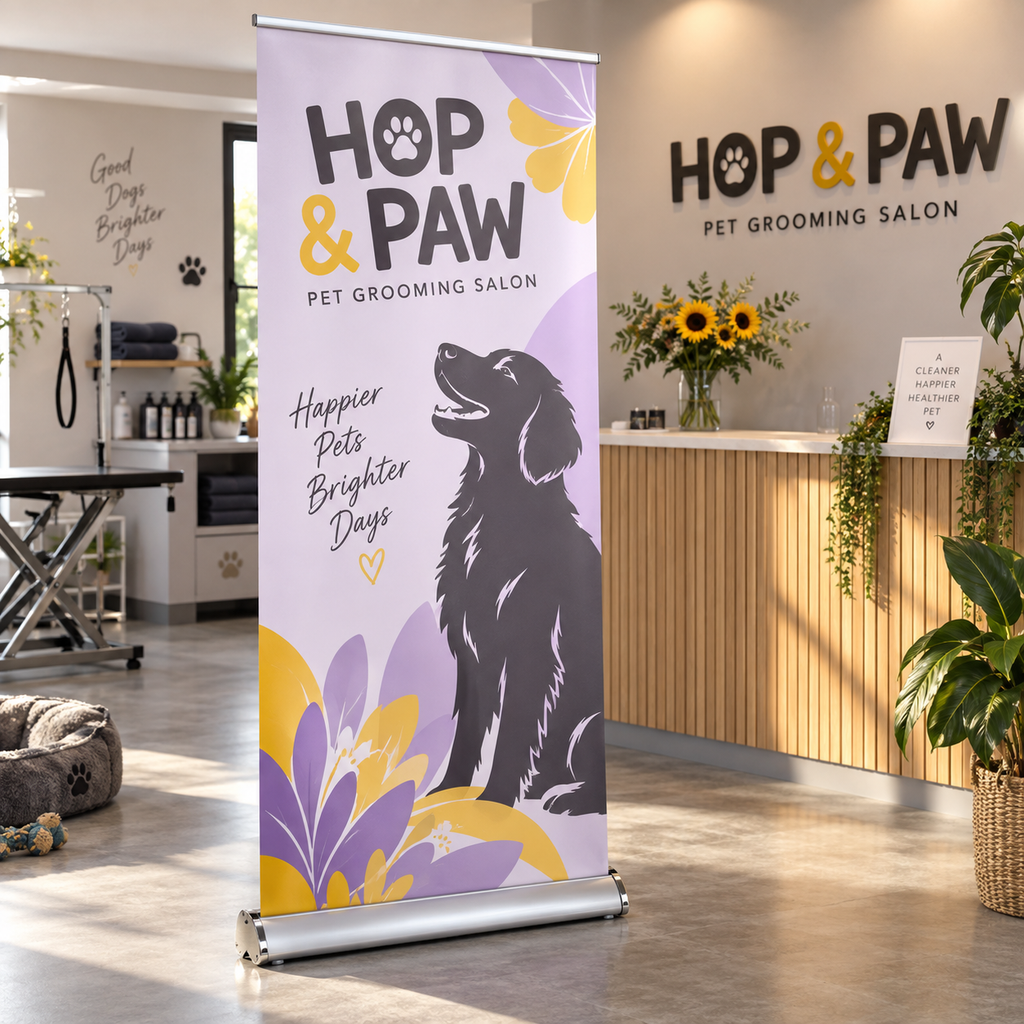 Premium Roller Banners: HOP & PAW pet grooming salon example artwork