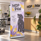 Premium Roller Banners: HOP & PAW pet grooming salon example artwork
