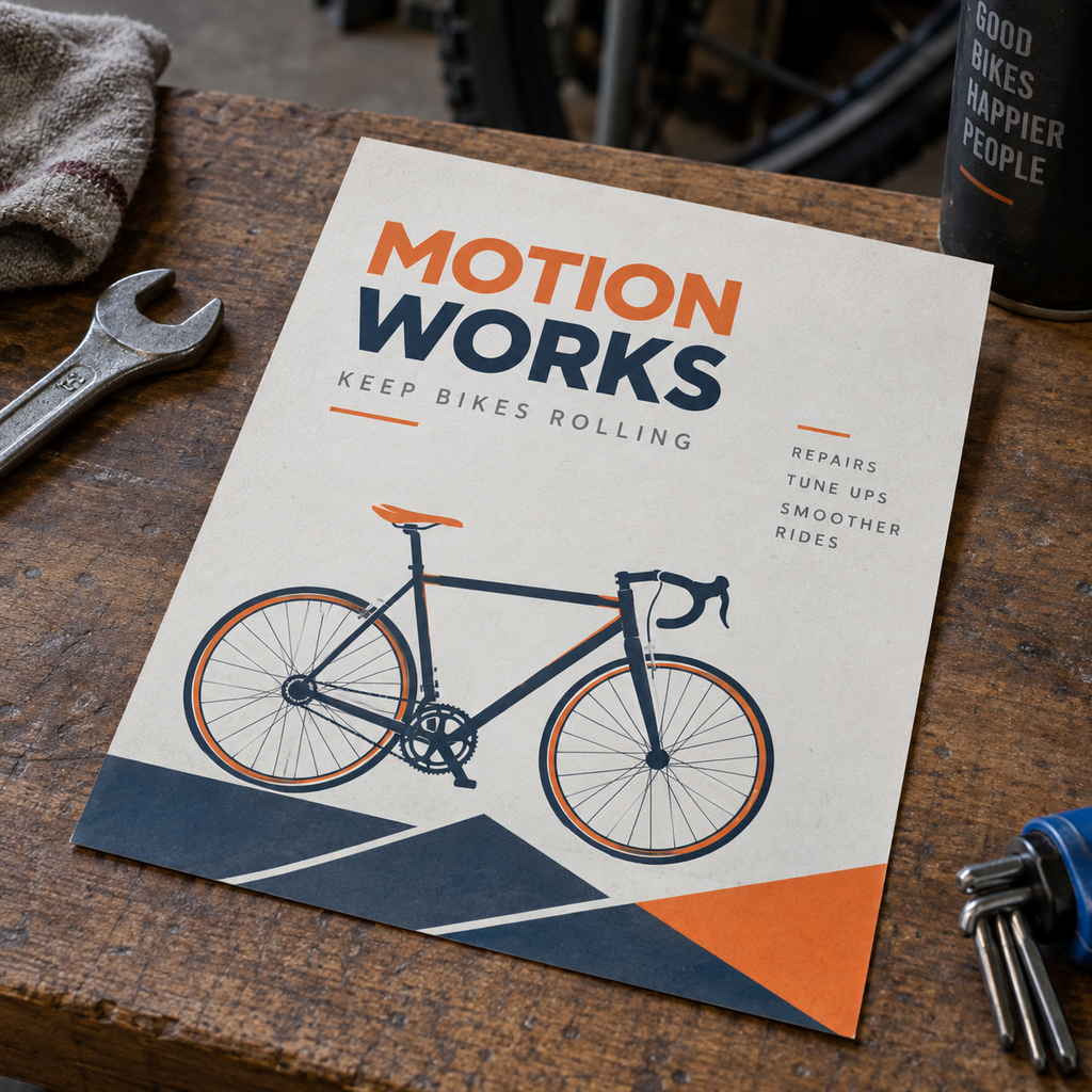 Pulp Flyers & Leaflets: MOTION WORKS bicycle repair shop example artwork
