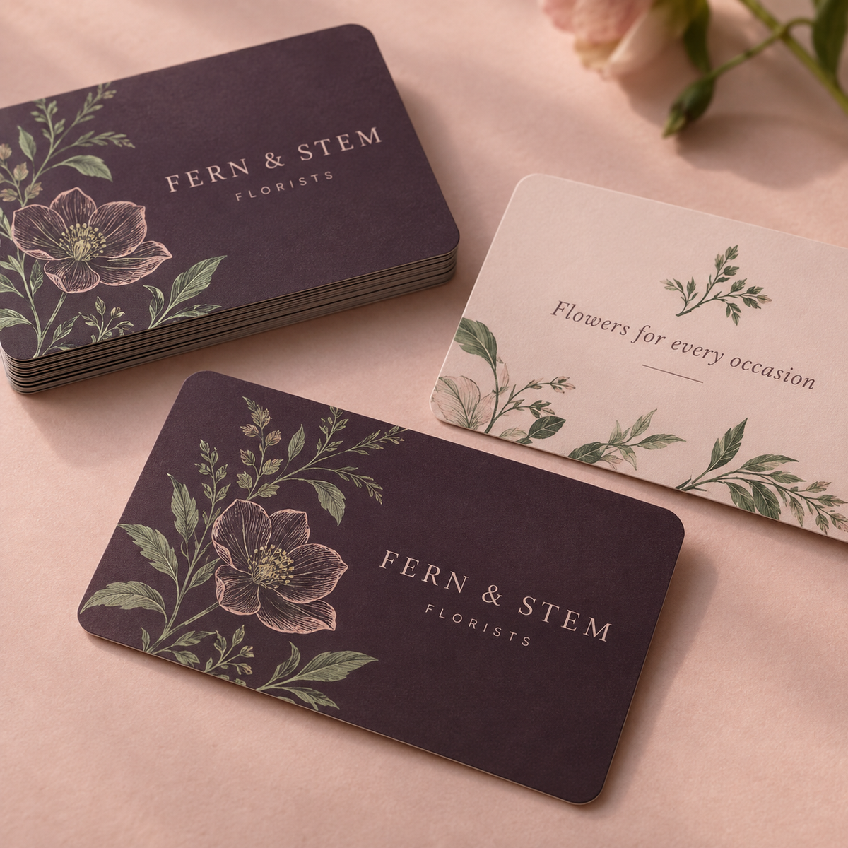 Rounded Corner Business Cards with example artwork for a fictional florist