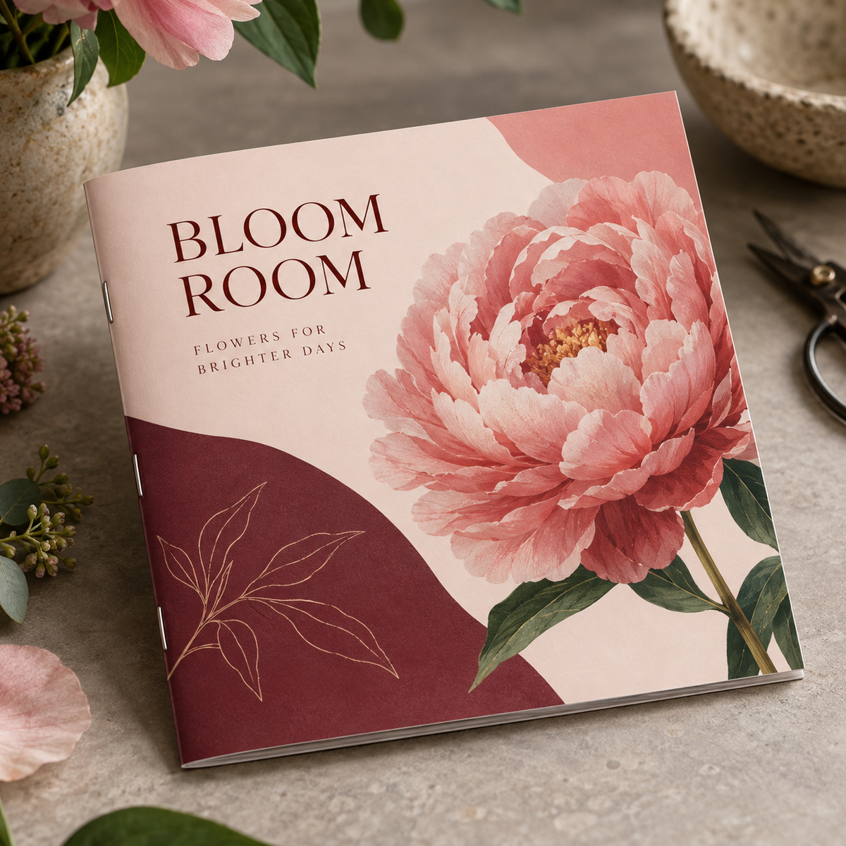 Square Stapled Brochures: BLOOM ROOM florist example artwork