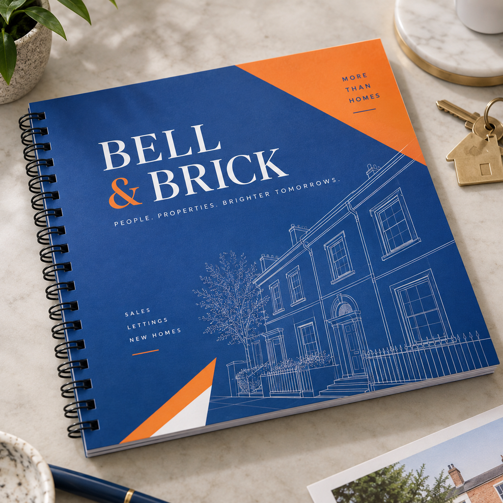 Square Wiro Bound Brochures: BELL & BRICK estate agency example artwork