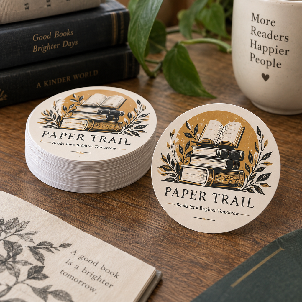 Stickers cut to size: PAPER TRAIL bookshop example artwork