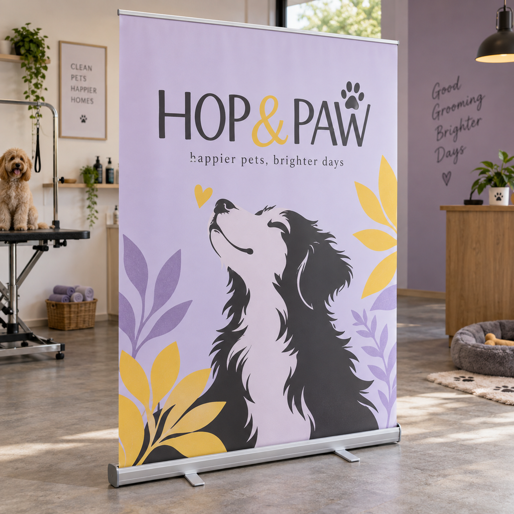 Wide Roller Banners: HOP & PAW pet grooming salon example artwork